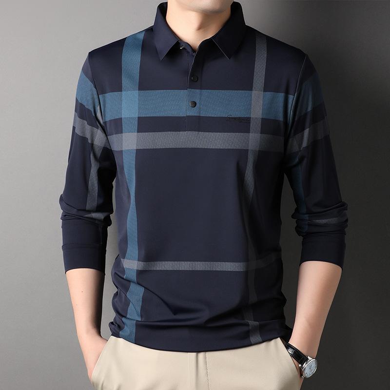 Nouveau Polo à Manches Longues pour Hommes Printemps et Automne Business Décontracté Rayé Ample Fin T-shirt Vêtement pour Papa 3XL gray