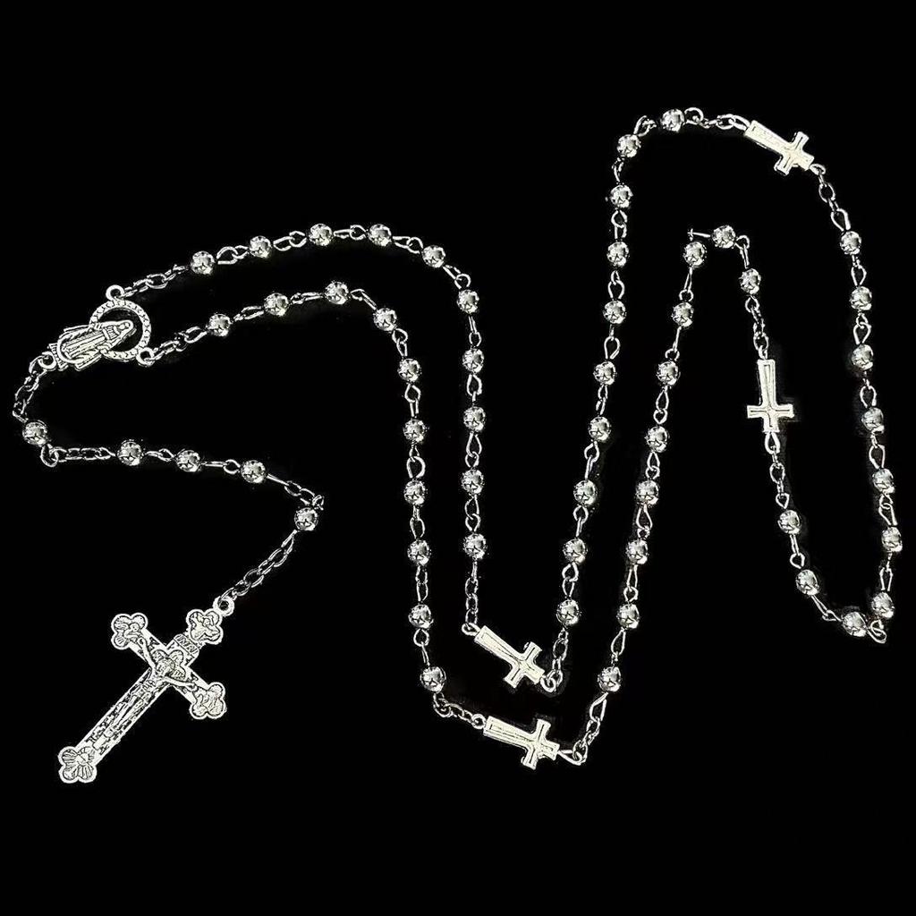Y2K Gothic Style Black Beaded Cross Necklace & Cool Girl Sweatshirt Accessory