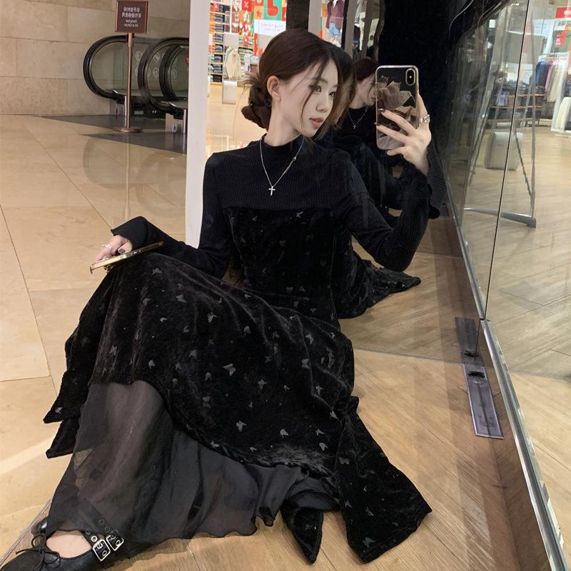 

Korean Hepburn Style Velvet Patchwork Knit Dress - Autumn/Winter Women s Cinched Waist Hip-Covering Little Black Dress XL чёрный