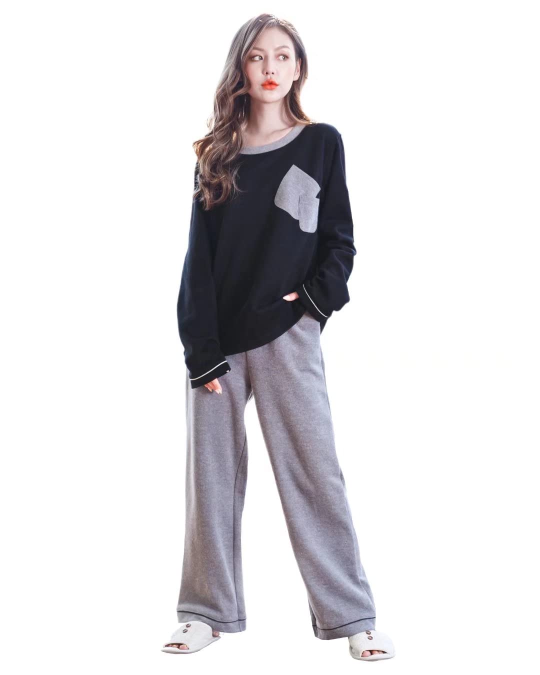 

WULFUL Cotton Long Sleeve Pajama Set for Autumn and Cute Top and Bottom Set with Wide Loose 3 Size M Women s 100% Loungewear, Spring, Pants, Fit,