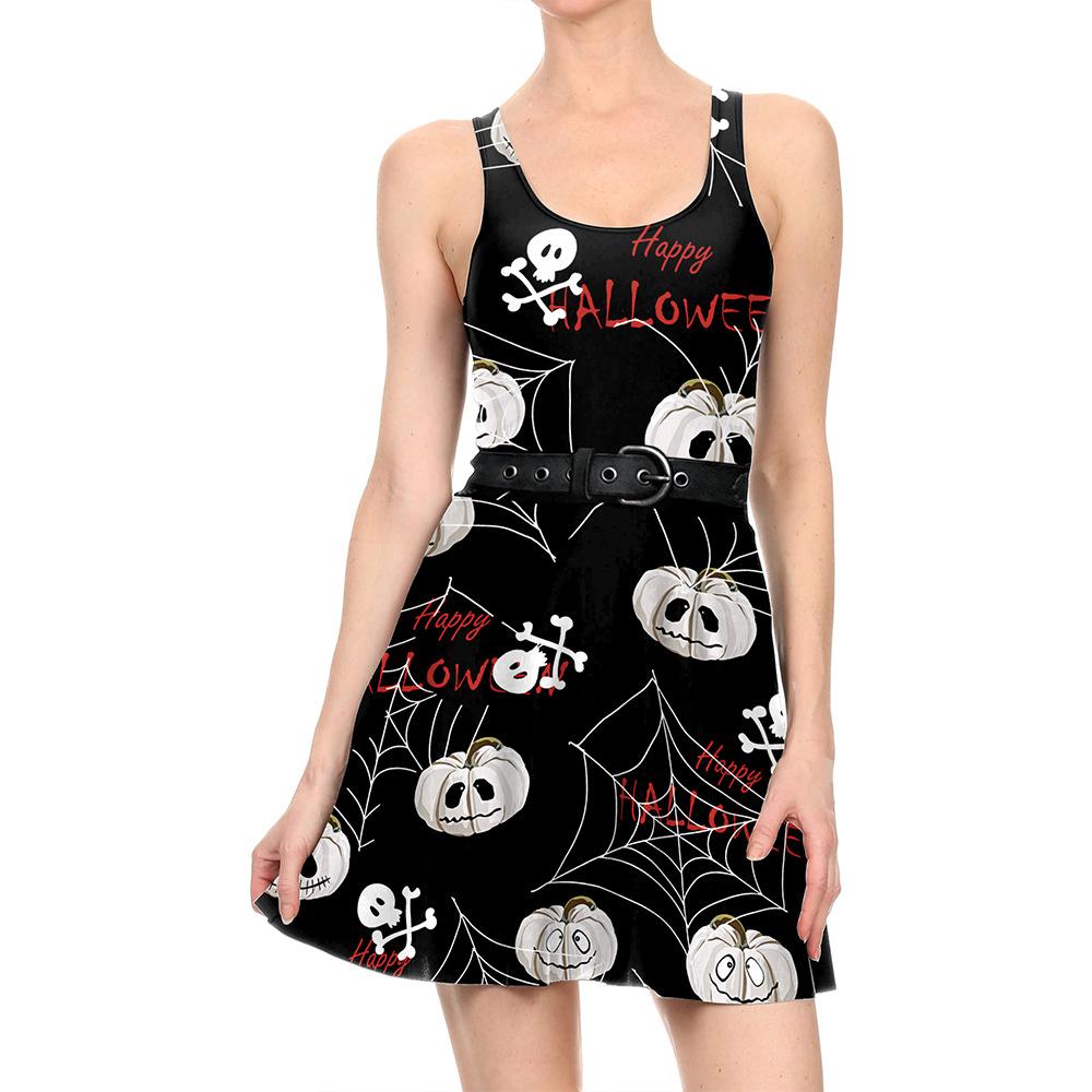 Halloween Funny Cartoon Skull Pumpkin Digital Printing Women's Clothing Slim Skinny Vest Dress 3
