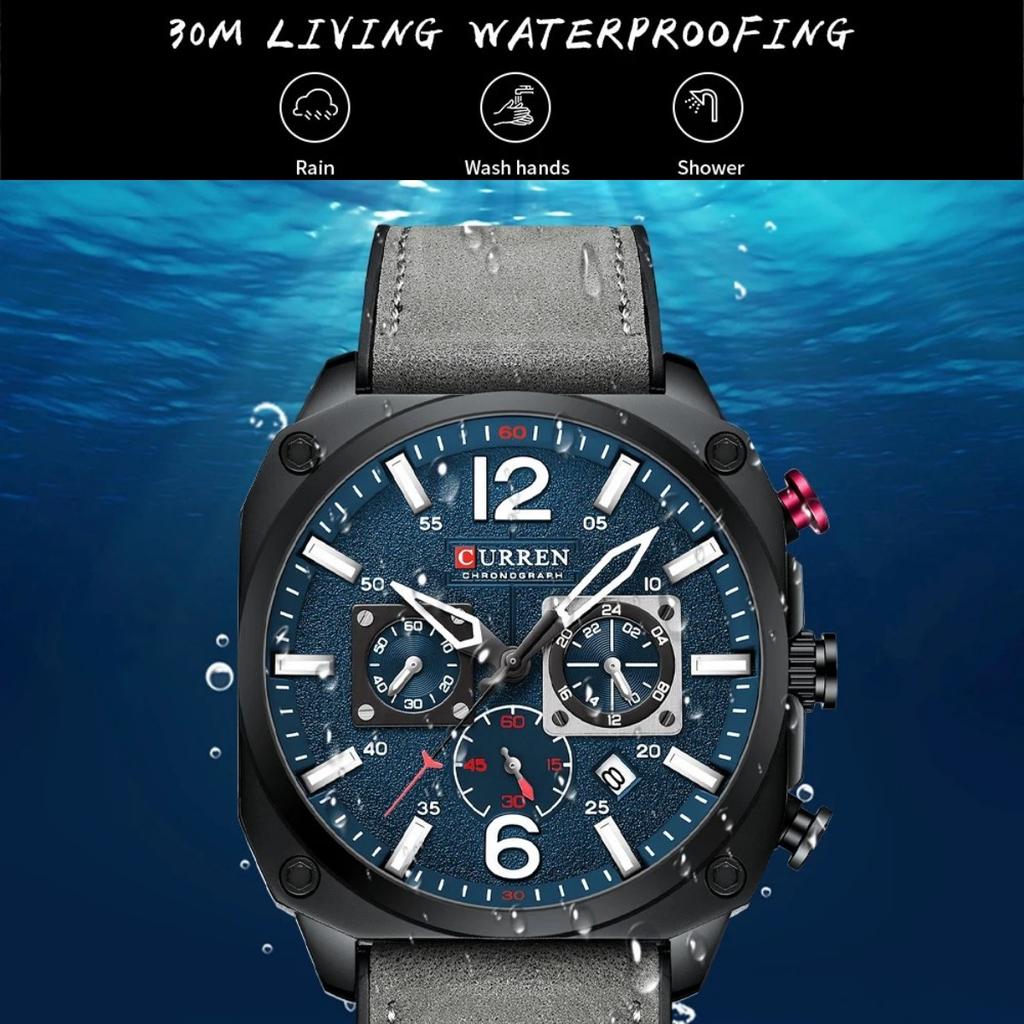 Chronograph Wristwatch Calendar Sport Mens Watches Military Fashion Square Dial Leather Male Clock Gift Luminous Waterproof