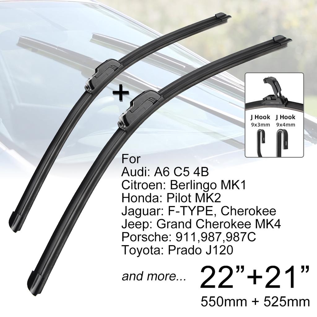 OEM Quality Premium All-Season Car Front Windshield Wiper Blades 22" + 21" J Hook U-type Universal For Citroen Honda Jaguar Jeep Porsche Toyota