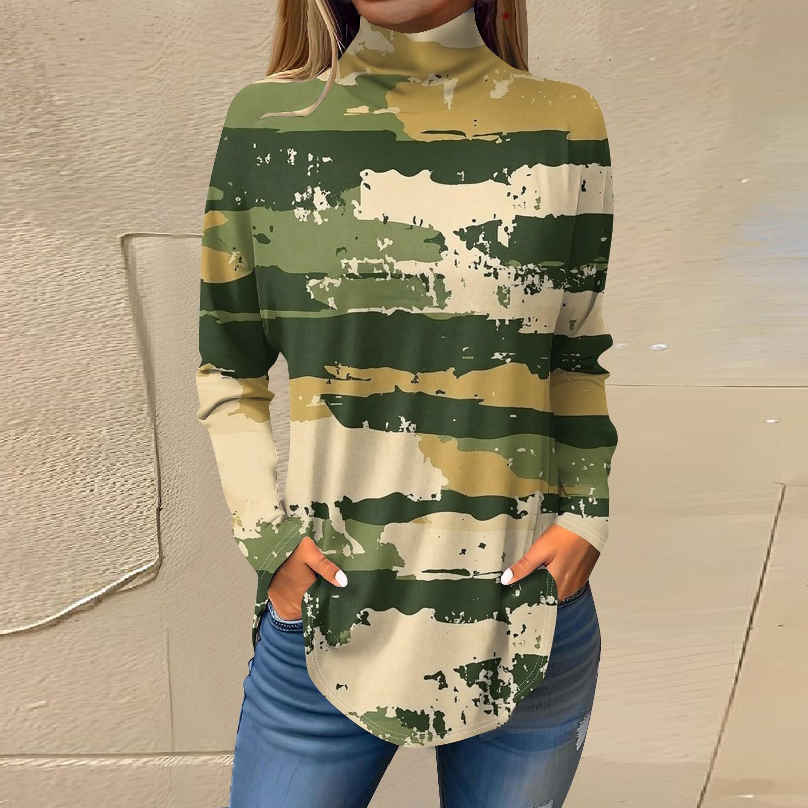 

Футболки для женщин, осенние повседневные рубашки с длинными рукавами, толстовка, однотонный топ с высоким воротом, пуловер L армия зеленый