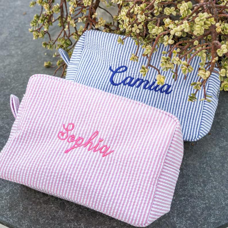 Personalized Seersucker Embroidered Striped Makeup Bag for Travel & Toiletries
