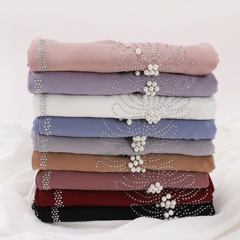 New Pearl Chiffon Daisy Rhinestone Beaded Square Scarf For Women