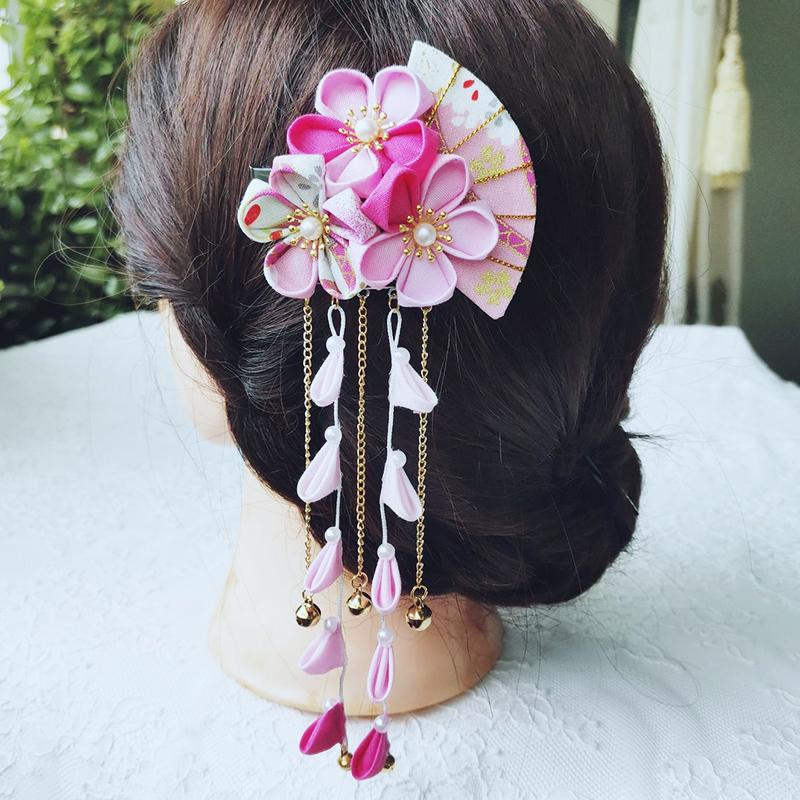 Japanese Kimono Handmade Fabric Flower Folding Fan Hair Accessories Clip Tassel Headwea Headdress Barrette Yukata Festvial Deco