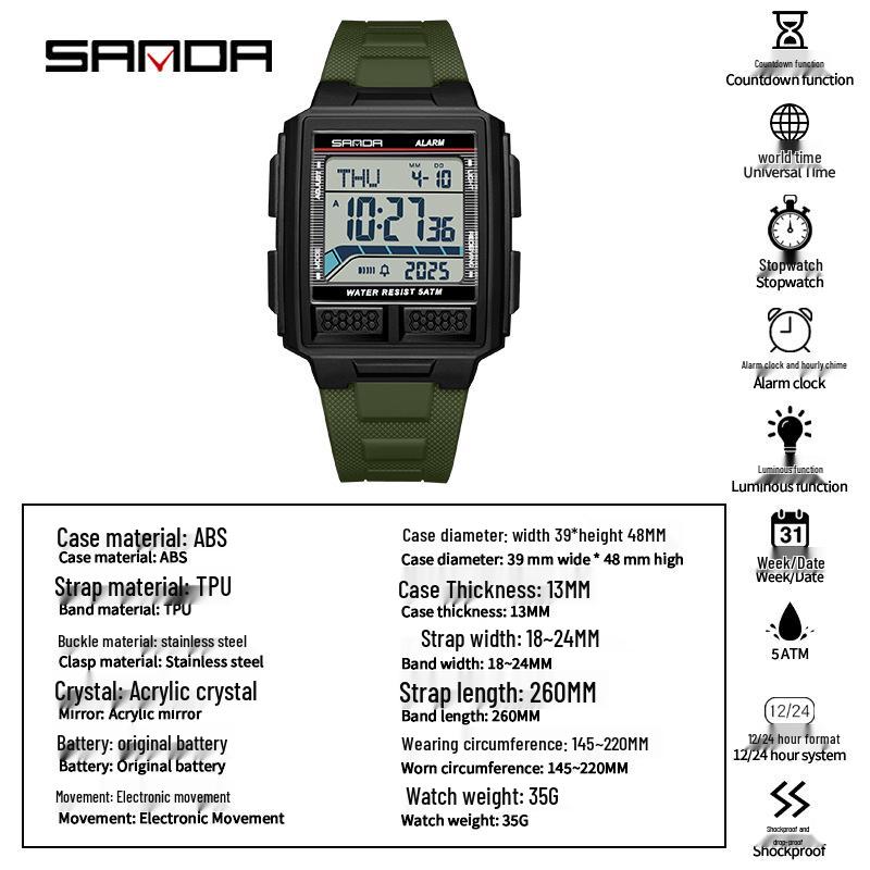 Sanda Men's Large Screen Luminous Multifunctional Waterproof Countdown Wristwatch