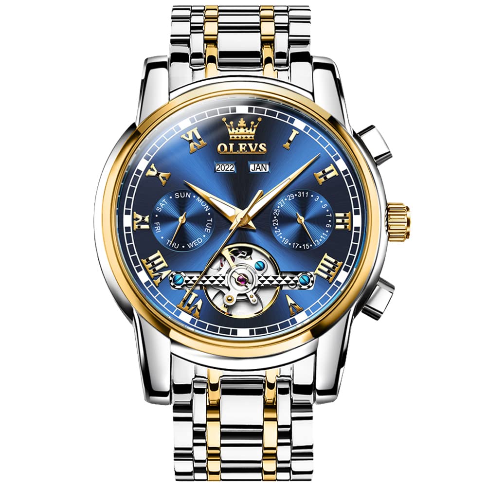 

Золотые автоматические часы, золотые механические часы-скелетоны, деловые часы, водонепроницаемые, аналоговые, из нержавеющей стали, роскошные часы для мужчин, мужские (Синий Я)