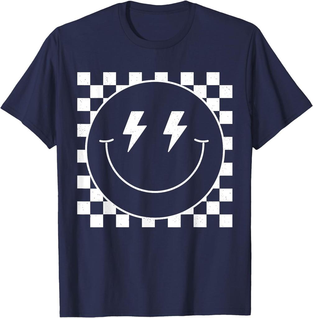 Vintage White Checkered Smile Face Shirt Cute Smiling Face T-Shirt