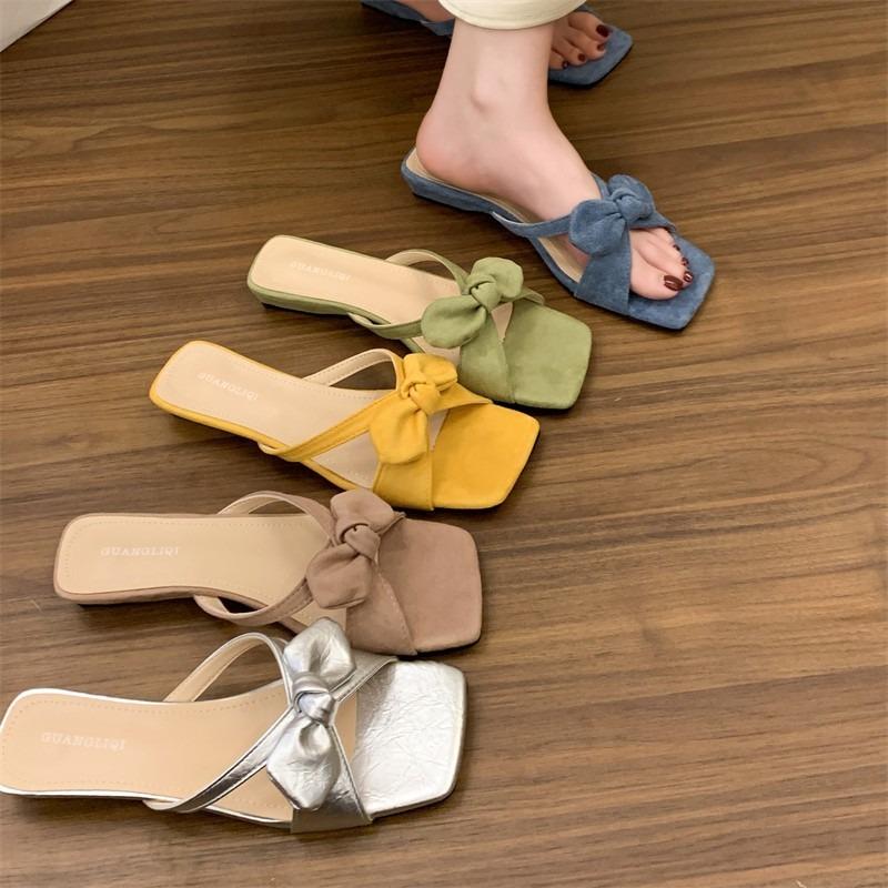 Bow Low Heel One-word Slippers Women's Summer New Square Head Open-toed Temperament Versatile Sandals