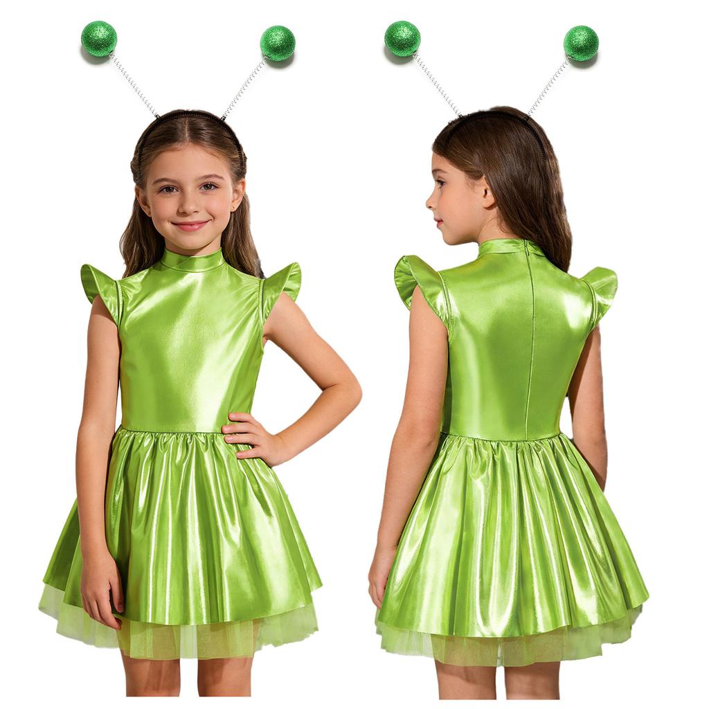 Girls Stage Performance Alien Costume Set: Glossy Mock Neck Dress with Ruffled Tutu & Flying Sleeves, Complete with Hair Hoop