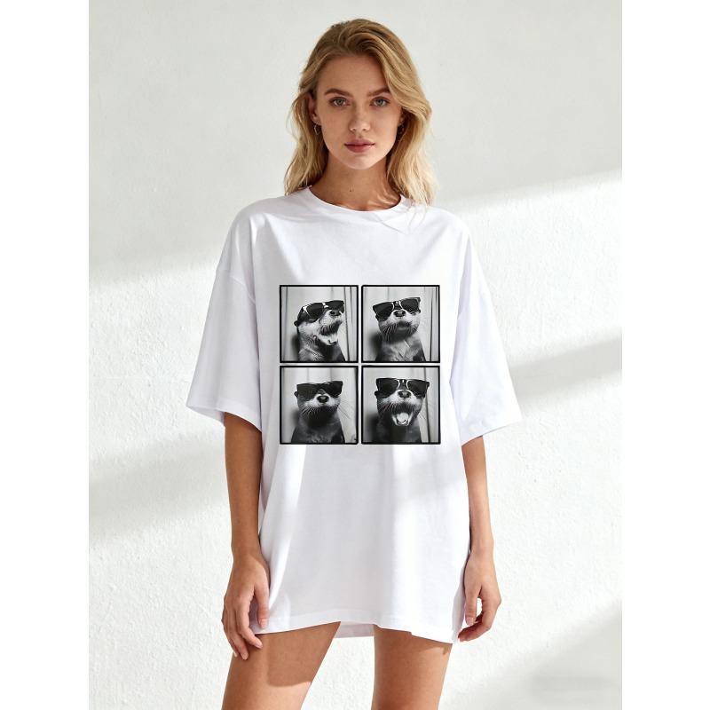 Oversized T-Shirt Black Otter With Sunglasses Print Casual Wear For Women Summer Outfit Streetwear Fashion Trendy Top