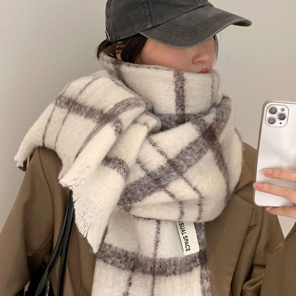 White Cashmere Scarves Warm Long Pashmina Fashion Plaid Scarf Women
