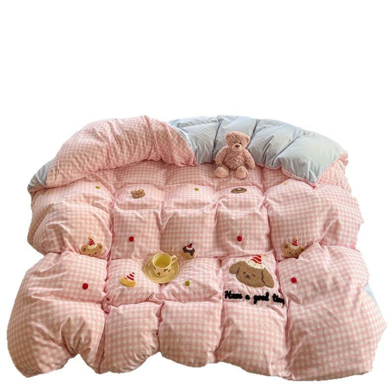 Håndkle Brodert Laken Dynetrekk Seng 4 stk Sett Vasket Bomull Student Tredelt Sett Sengetøy