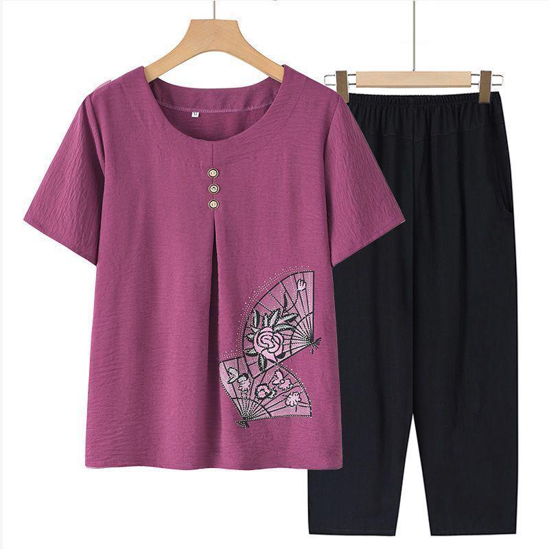 Women's Summer 2026 Short-Sleeved Two-Piece Set for Middle-Aged Moms and Elderly Women
