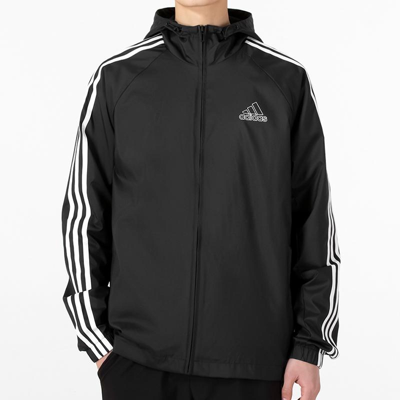 Adidas Chaqueta cortavientos con capucha de 3 rayas para hombre Ropa de abrigo Negro HE4322