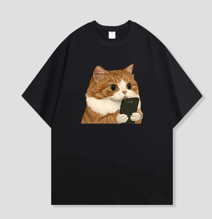 

Cute Cat TShirt Funny Cat Meme TShirt Orange Cat Using Phone Graphic Tee for Cat Lovers Women Unisex Casual Short Sleeve Top 4XL