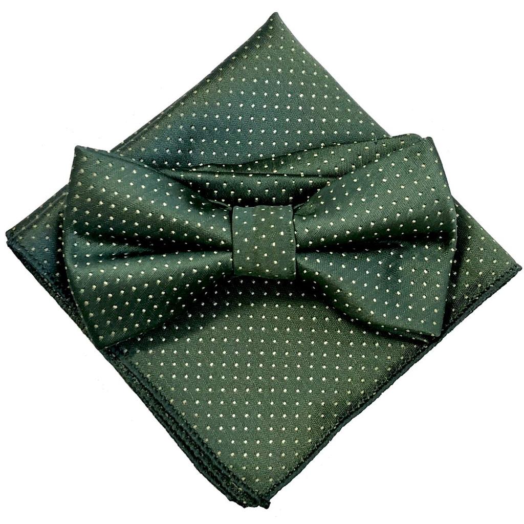 Small Dot Green Bow Tie & Pocket Square 2-Piece Set for Men - One-Touch FormalCasual - Green