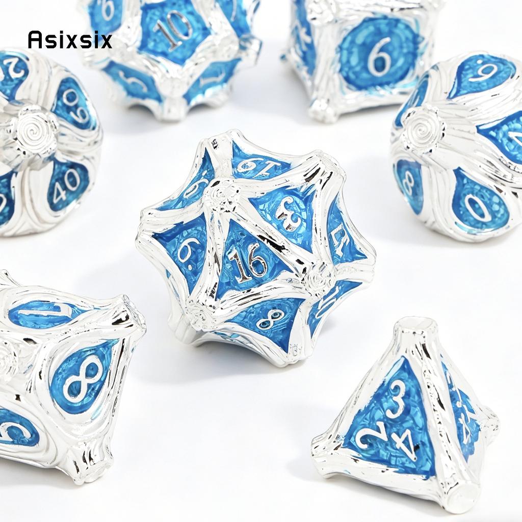 7 Pcs White Blue Tree Vine Metal Dice Solid Metal Polyhedral Dice Set Suitable for Role-Playing RPG Board Game Dice RPG