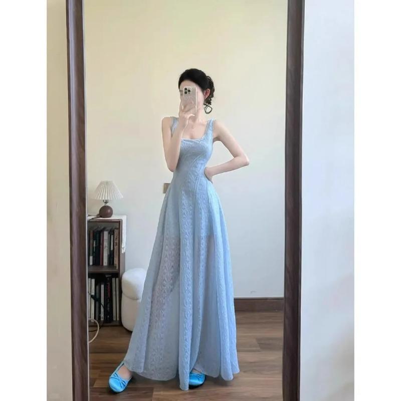 Women's Elegant Light Blue Maxi Spaghetti Strap A-Line Evening Party Dress