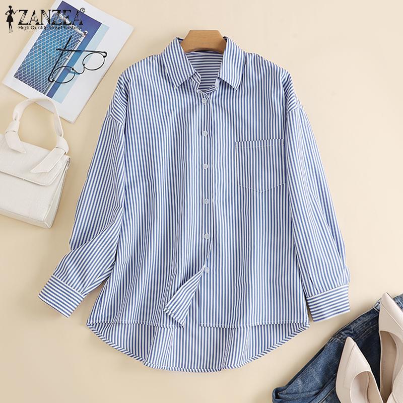 

ZANZEA Женская повседневная блузка в полоску с отложным воротником и длинными рукавами