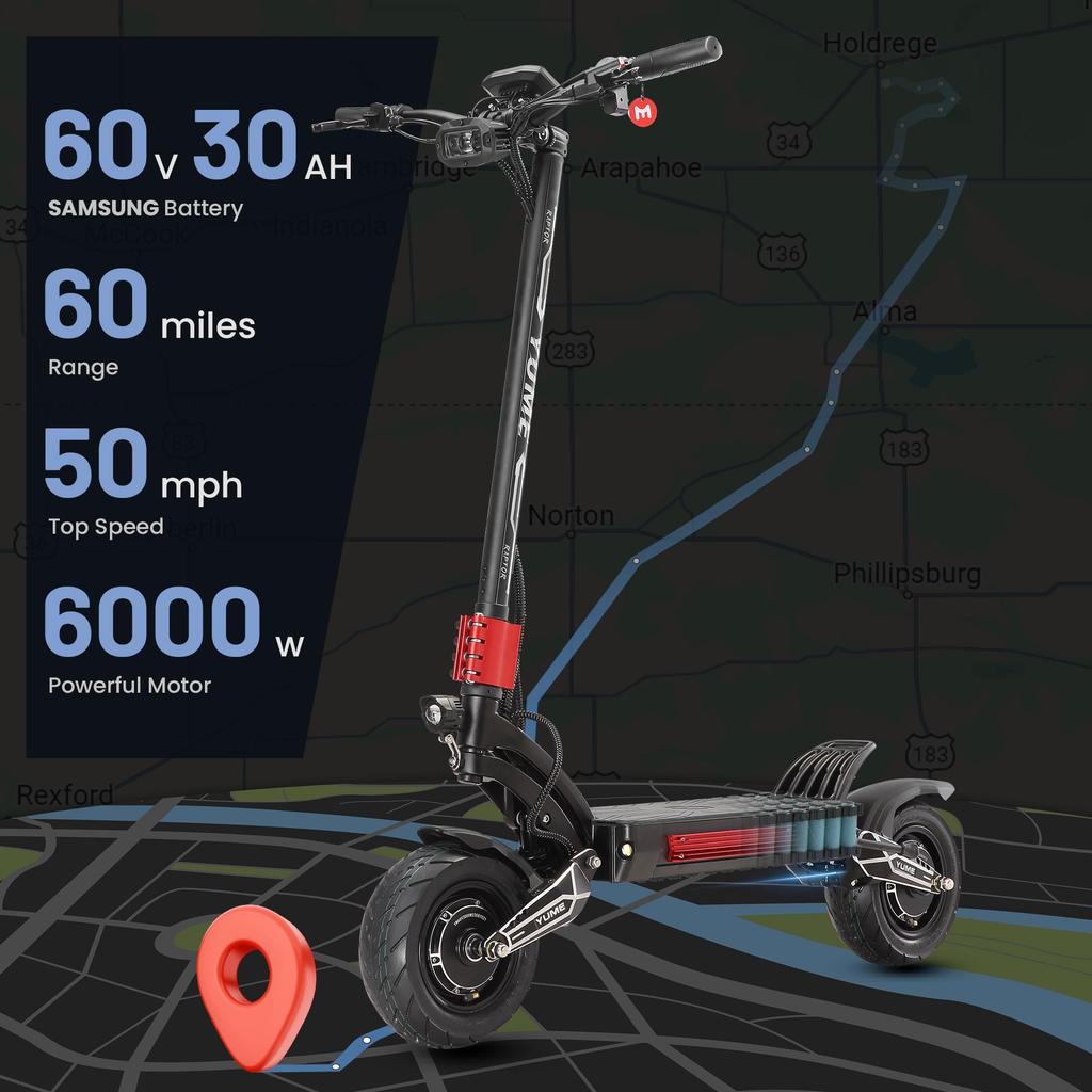 YUME Raptor 11-tommers elektrisk sparkesykkel 3000W*2 doble motorer 60V 27Ah batteri