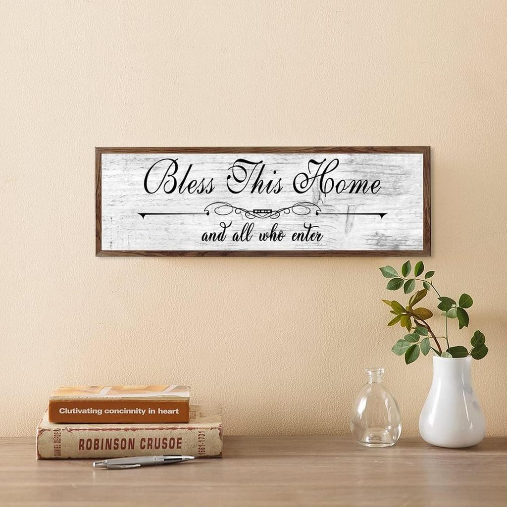 Bless This Home and All Who Enter Wood Frame Sign Rusitc Wood Hanging Plaque Farmhouse Wooden Signs for Home Decor 6x20In, 15x50cm