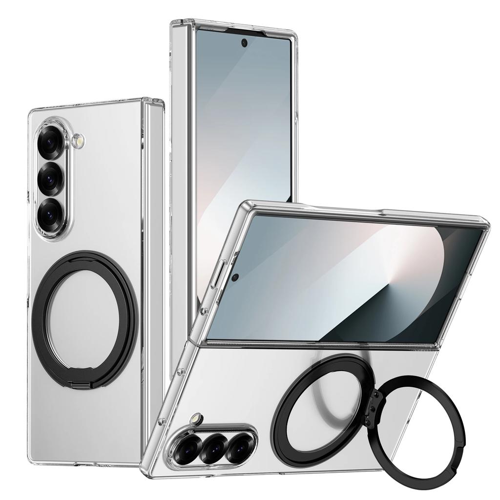 Transparent 360° Rotating Magnetic Holder Phone Case for Samsung Galaxy Z Fold 7 6 5 4 3 Wireless Charging Hard Shockproof Cover