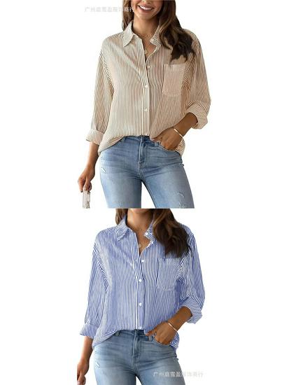 Herbst Streifenmuster Strickjacke Top - Damen Lässiges Langarm Modehemd