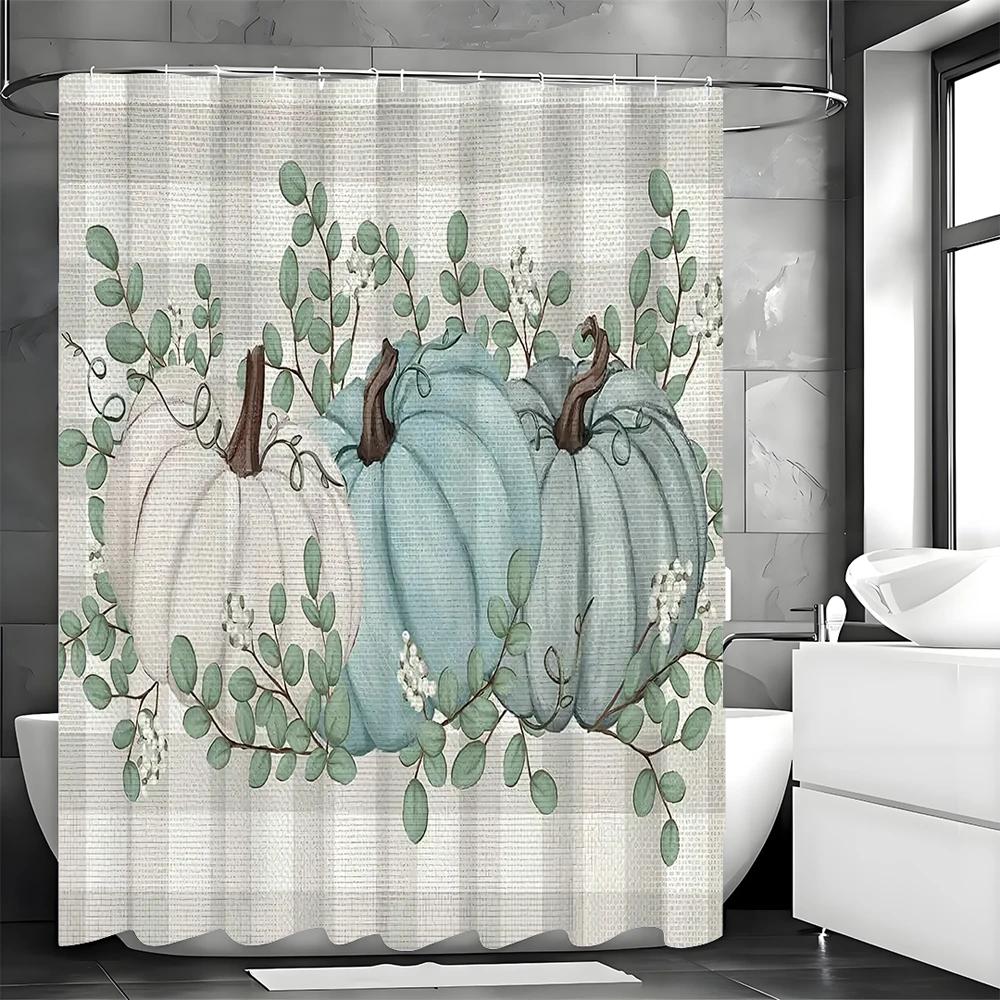 Thanksgiving Fall Pumpkin Floral Grommet Shower Curtain, Bathroom Decorative Shower Curtain, Waterproof Shower Curtain with Hook