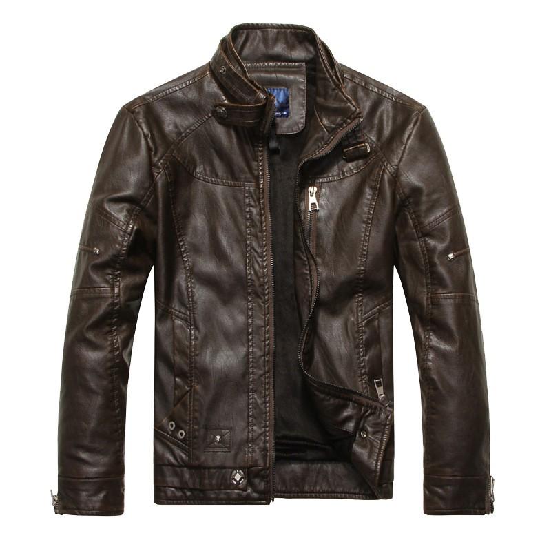 Mens Faux Leather Biker Jacket With Stand Collar Fleece Lined Washed Vintage Style Slim Fit Winter Casual Wear