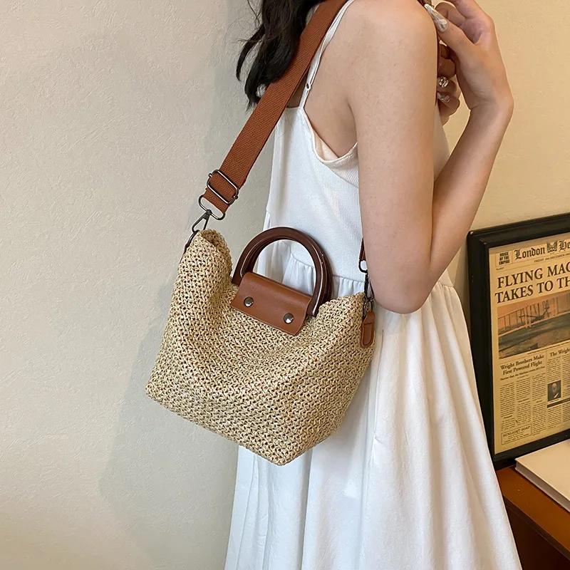 2025 Summer Weaving Straw Bags Casual Travel Beach Crossbody Bags Patchwork Top Handle Bags Beach Vacation Handbag