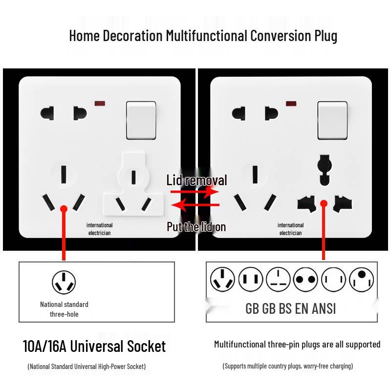 86 Type One-Gang Multi-Function Socket with Switch, High-Power Ten-Hole Panel