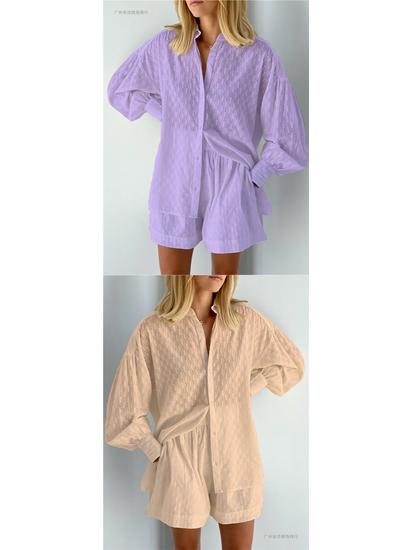 2026 Autumn Women's European-American Style Jacquard Puff Sleeve Shirt and Shorts Casual Set