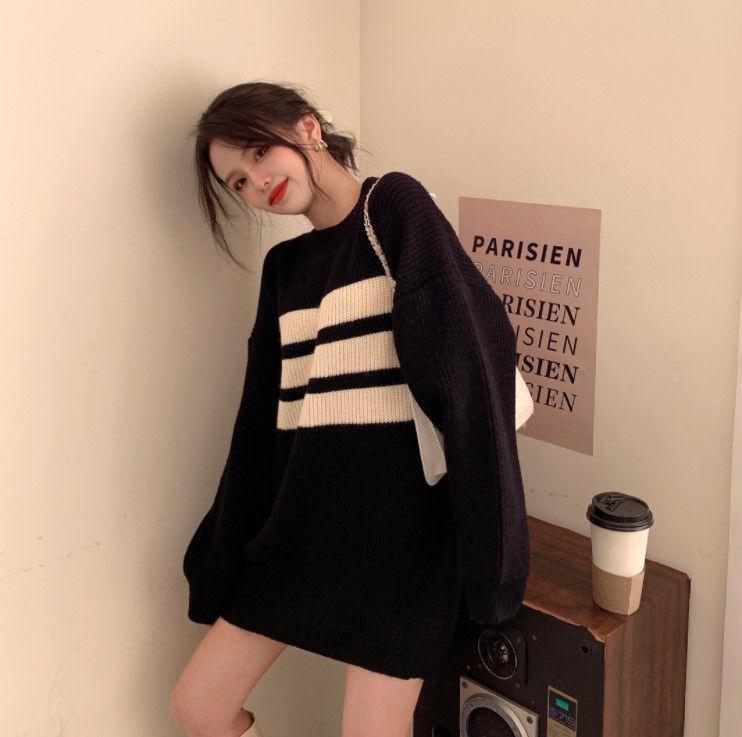 Gothic Sweaters Women Harajuku Punk Knitted Stripes Jumper Vintage Plus Size Loose Long Sleeve Pullover Tops Streetwear