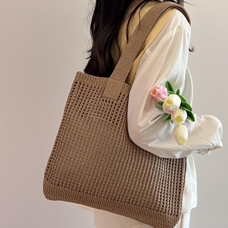 Breathable Knit Handbag with Spacious Design Open-Weave Shoulder Bag for Women Beach Shopping Outings Summer Hollow OutTote Bag