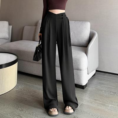 Button Suit Pants Women's Spring and Summer Small High Waist Drooping and Thin Casual Loose Straight Wide-leg Pants