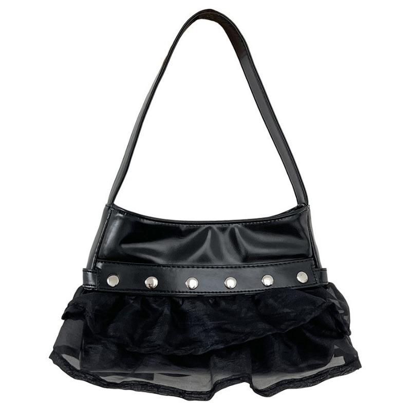 Portable Shoulder Bag Women's Spring and Summer Fashionable Spice Girl Hand Bag Rivet Mesh Pleated Armpit Bag Women