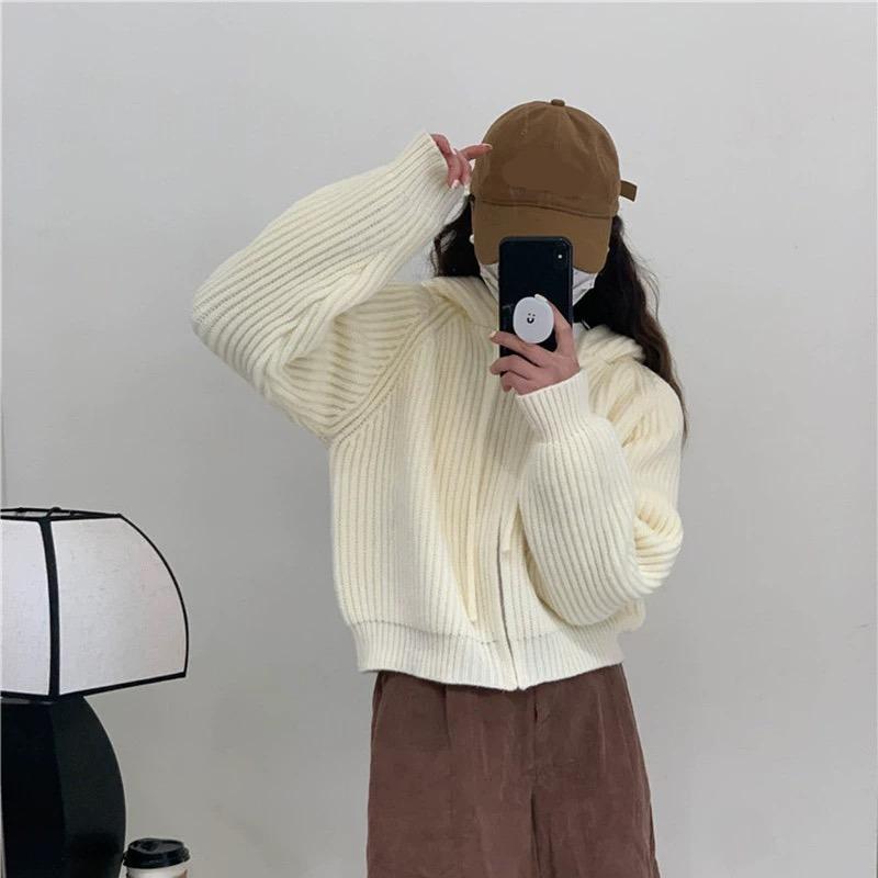 Autumn Winter Women Hooded Zipper Knitted Sweater New Loose Long Sleeved Cardigan Jackets Short Coats Sweet Casual Elegant Solid Color Clothing