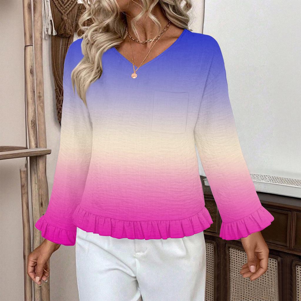 Women's Casual Fashion Ruffled V-Neck Pocket Gradient Print Long Sleeve Top