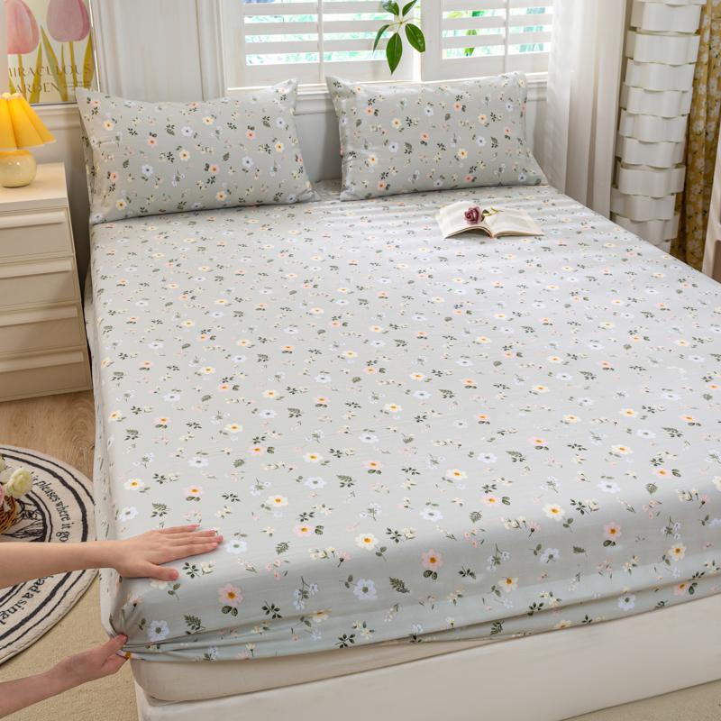 Bed Sheet with Elastic Washed Cotton Blue Flower Printed Fitted Sheet Single/Queen/King Mattress Cover for Double Beds