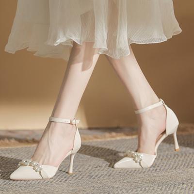 Fashion Pearl Evening Wind Soft High Heels Shoes Dress 2024 Spring New Style Medium Open Pointed Toe One-character High Heels Women's