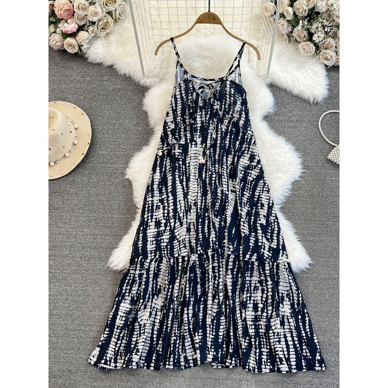 

Summer Ladies V-neck A- line Large Hem Sling Dress Dark Blue S