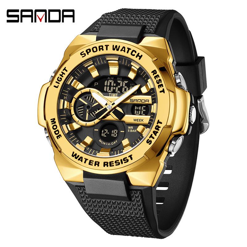 Sanda Men's Trendy Outdoor Sports Watch - Waterproof, Luminous, Multifunctional with Dual Display & Alarm.