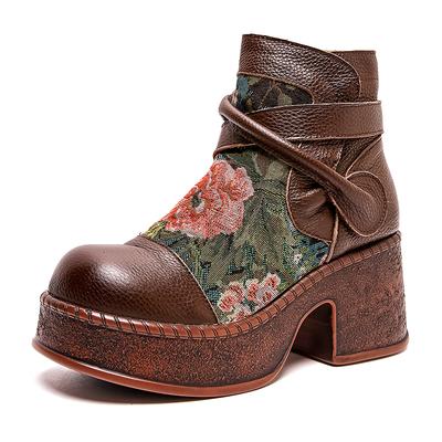 GKTINOO Women Motorcycle Boots Genuine Leather 2025 New Zip Round Toe Women Shoes Flowers Handmade Retro Ankle Platform Boots