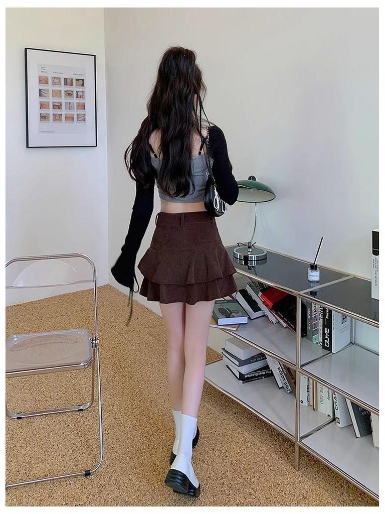 2024 New Autumn/Winter Women's Petite High Waist Double Layer Corduroy Fishtail A-Line Skirt