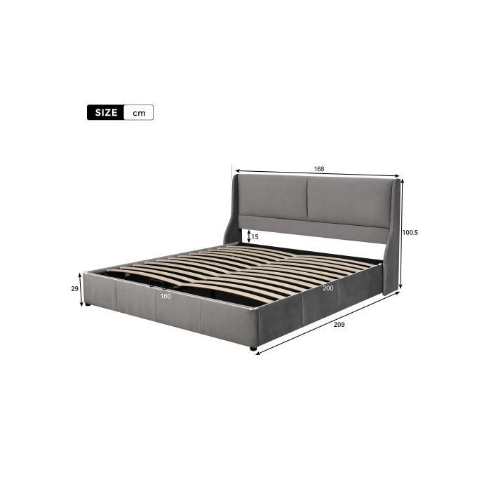 Lit double - MUVOE - 160 x 200 cm - Rembourré - Gris - Coffre de rangement intégré