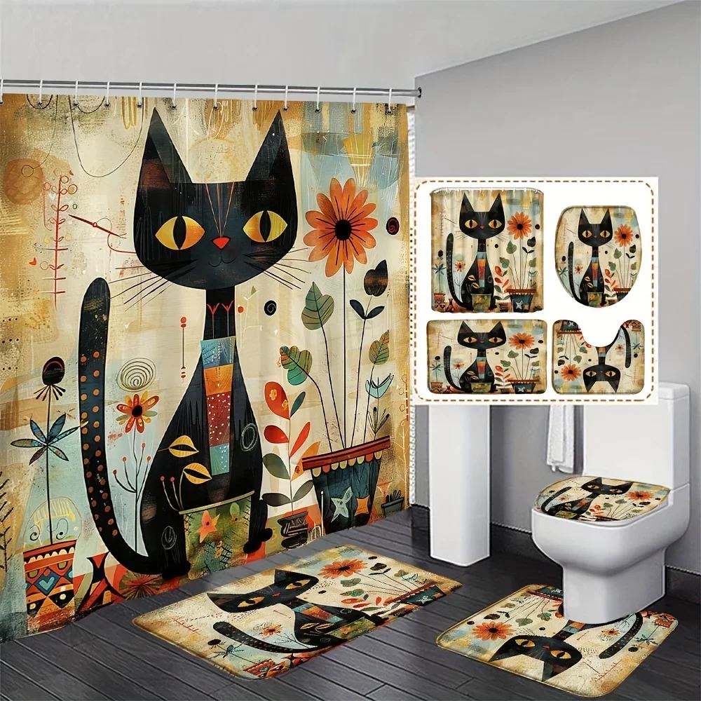 Rustic Black Cat And Sunflower Shower Curtain, Retro Watercolor Cartoon Cat Design, Polyester Fabric Bathroom Trim With Hooks