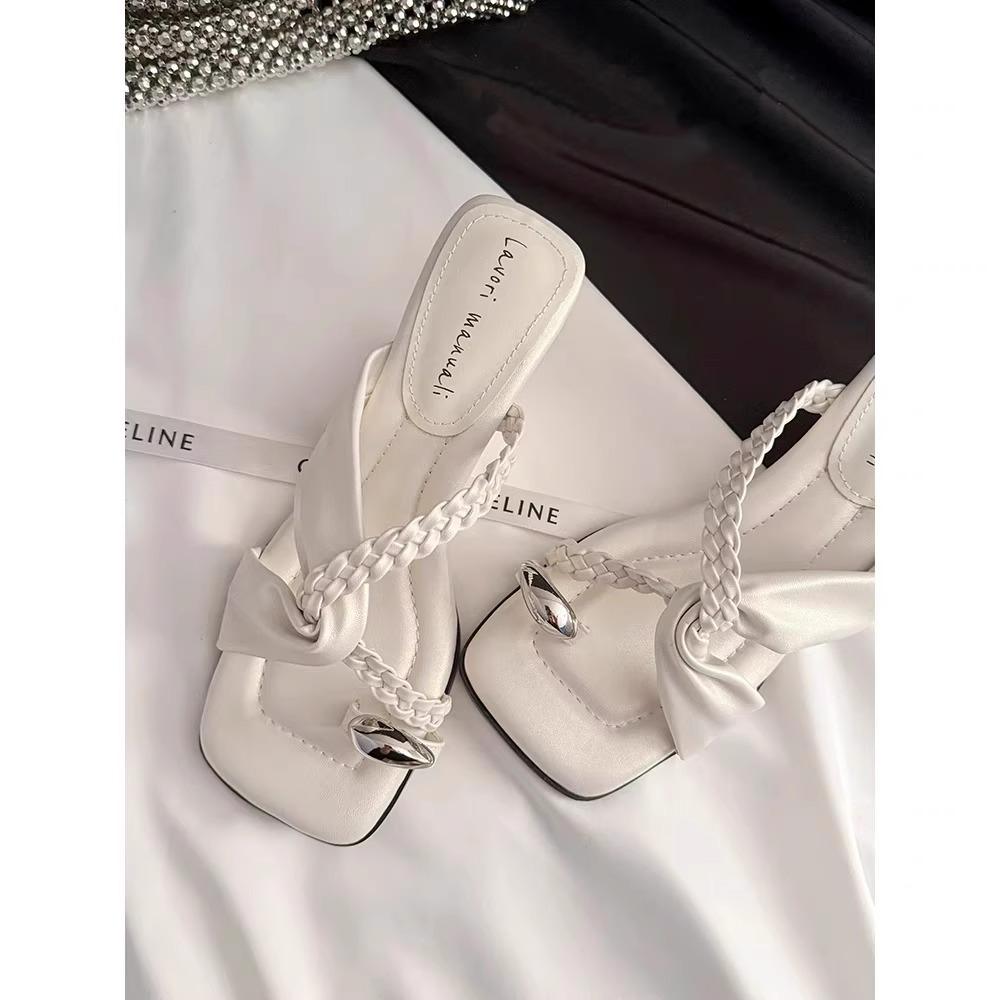 Slope heel soft-soled slippers women's summer new set of toe-woven one-word slips holiday beach sandals